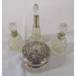 Silver top glass trinket pot Birmingham 1909 weight 1.10 ozt & 3 silver cuffed scent bottles