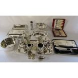 Assorted silver plate etc inc table lighter, vase, tea service, cased cutlery, bowls & Tower Mint '
