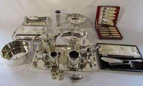 Assorted silver plate etc inc table lighter, vase, tea service, cased cutlery, bowls & Tower Mint '