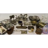 Selection of silver plate including 3 piece tea service, brassware etc.