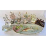 Various Continental figurines inc Capodimonte, large Limoges fish plate (af), pair of
