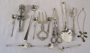 Various silver plate inc Humpty Dumpty rattle & Dutch silver teaspoon and a gold plated necklace