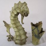 Cornish artist Gil Tregunna stoneware sculpture of a seahorse H 30.5 cm and vase H 18 cm (vase af)