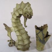 Cornish artist Gil Tregunna stoneware sculpture of a seahorse H 30.5 cm and vase H 18 cm (vase af)