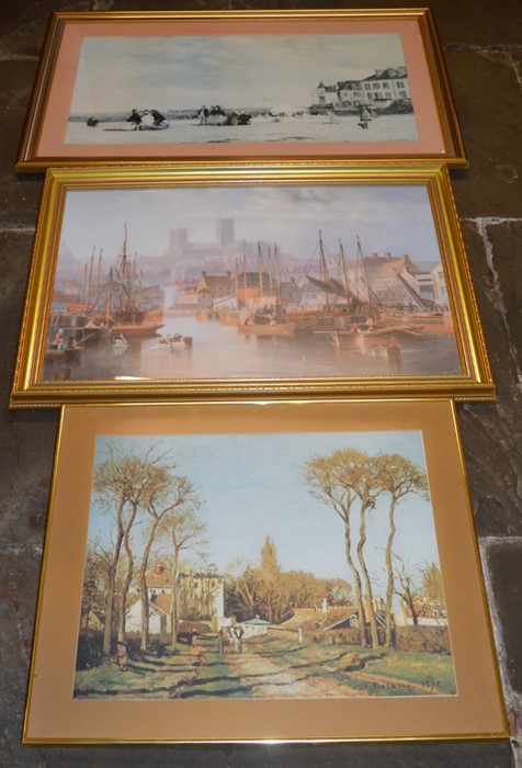 3 large framed prints including W Carmichael's view over Brayford Pool in Lincoln