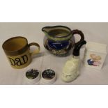 Large T G Green "Dad" mug, majolica jug, 2 small lidded pots, Mabel Lucie Attwell money box & Avon