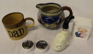 Large T G Green "Dad" mug, majolica jug, 2 small lidded pots, Mabel Lucie Attwell money box & Avon