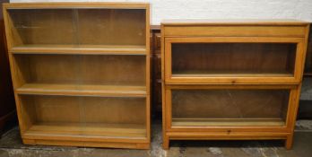 Angus glass front 2 section bookcase & another bookcase with sliding doors