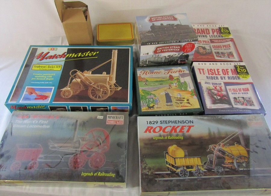 Various model kits inc 1829 Stephenson Rocket, British steam of yesteryear DVD collection, TT: