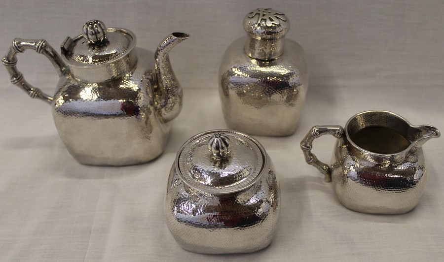 Chinese export silver 4 piece tea service, of rounded square shape with hammered decoration, bearing - Image 2 of 12