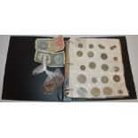 Album of coins including 1571 sixpence, George III farthing, William & Mary farthing, Victorian