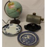 Danish Scan-globe, stonewear hot water bottle, Guinness ashtray & Victorian blue and white plates