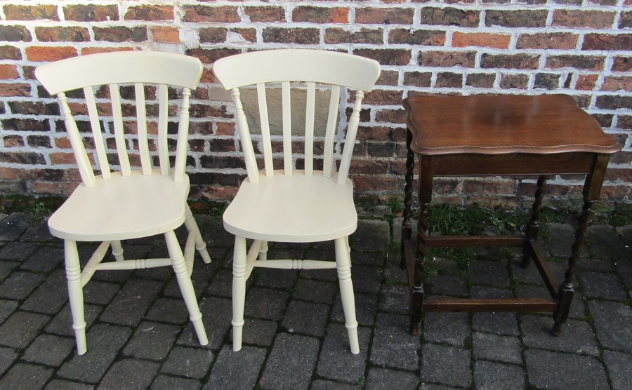 1930s oak side table with barley twist legs & pair of painted kitchen chairs