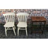 1930s oak side table with barley twist legs & pair of painted kitchen chairs