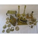 Various brassware inc candlesticks, horse brasses, crumb tray etc