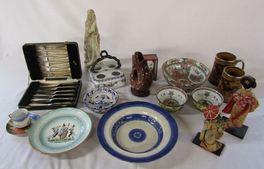 Various ceramics inc Delft, cased silver plate cutlery & soapstone figure etc