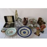Various ceramics inc Delft, cased silver plate cutlery & soapstone figure etc
