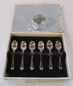 6 silver teaspoons Sheffield 1944 weight 1.61 ozt and a silver napkin ring Birmingham 1950 weight