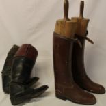 2 pairs of leather riding boots (1 with wooden boot trees)