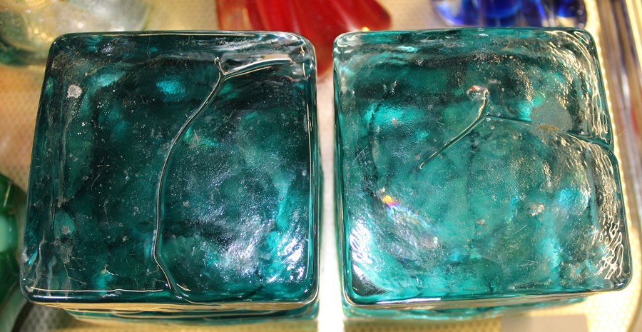 Mdina twisted clear glass vase with blue and green inclusions, similar candlesticks, malachite glass - Image 3 of 3