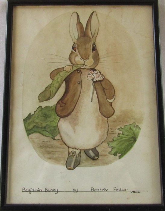 Framed vintage watercolour of Beatrix Potter's Benjamin Bunny initialled to right hand corner MKD 22