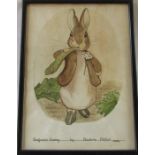 Framed vintage watercolour of Beatrix Potter's Benjamin Bunny initialled to right hand corner MKD 22