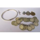 Selection of silver jewellery inc expanding christening bangle, St Christopher, locket & three pence