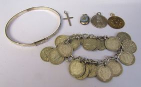 Selection of silver jewellery inc expanding christening bangle, St Christopher, locket & three pence