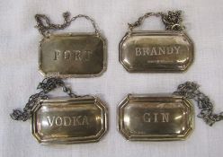 4 silver spirit labels - Vodka & Gin Birmingham 1997, Brandy London 1986 & Port London 1995 weight