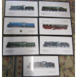 Set of 7 framed locomotion train prints 49 cm x 27 cm (size including frame)