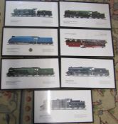 Set of 7 framed locomotion train prints 49 cm x 27 cm (size including frame)