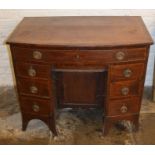 Georgian mahogany veneer bow fronted knee hole desk Ht 75cm W 91cm D 58cm