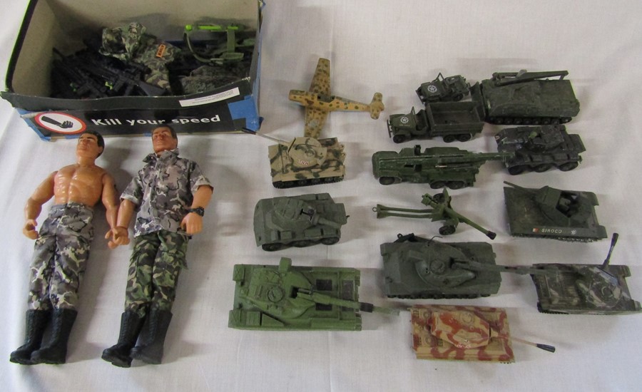 Selection of play worn military die cast tanks etc inc Dinky and Corgi & vintage play worn Action