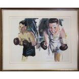Framed gouache painting of 2 boxers by Edward Morgan (1933-2009) signed by the artist 55 cm x 44