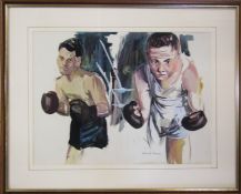 Framed gouache painting of 2 boxers by Edward Morgan (1933-2009) signed by the artist 55 cm x 44