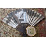 Large Oriental fan featuring storks H 102 cm & a framed circular Oriental painting on silk