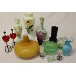 Victorian black glass spill vase, opaque glass vases with hand-painted decoration, mustard glass