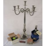 Large candelabra H 56.5 cm, David Winter cottage, empty bottle of Royal Salute whisky etc