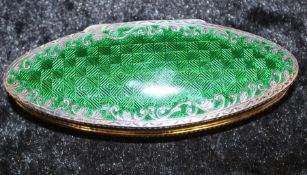 Silver dressing table pot with green guilloche enamel decoration to lid Chester 1909, maker Jay,