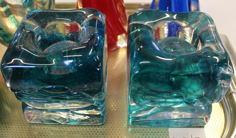 Mdina twisted clear glass vase with blue and green inclusions, similar candlesticks, malachite glass - Image 2 of 3