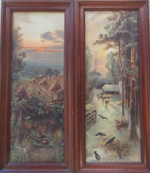 Pair of large framed prints of landscapes in oak frames 37 cm x 85 cm (size including frame)