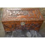 Carved camphor wood chest W 89cm D 43cm Ht 49cm