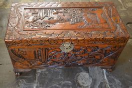 Carved camphor wood chest W 89cm D 43cm Ht 49cm