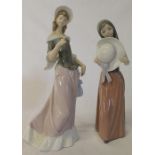 2 Lladro figurines - lady holding hat and one other (missing parasol?)