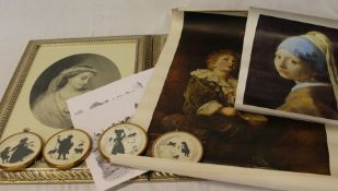 Pr of gilt framed prints, 4 small silhouette type prints in circular brass frames & selection of