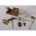 Corkscrew, vesta case, novelty wooden bird cigarette dispenser, miniature brass spirit level in