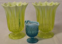 Pair of Davidson vaseline primrose glass vases (from the Pearline collection) & small Davidson