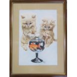 J W Short coloured pencil drawing of two kittens and a goldfish signed and dated 1990 43 cm x 57