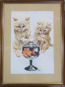 J W Short coloured pencil drawing of two kittens and a goldfish signed and dated 1990 43 cm x 57