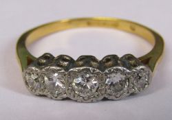 Tested as 18ct gold five stone diamond ring weight 3.2 g, total carat size approximately 0.33 ct,